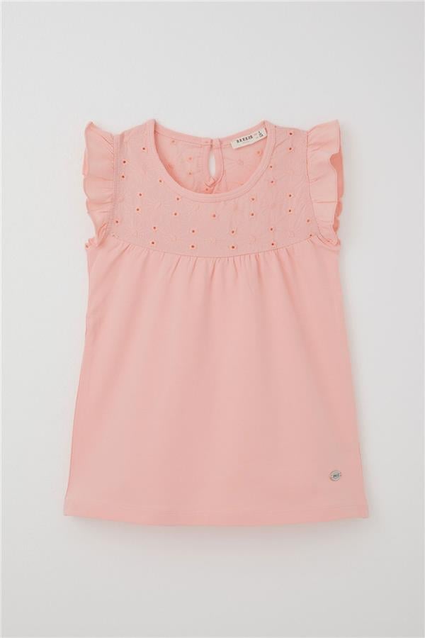 Girls' T-shirt with Ruffles and Embroidery, Salmon Pattern (Ages 4-8)