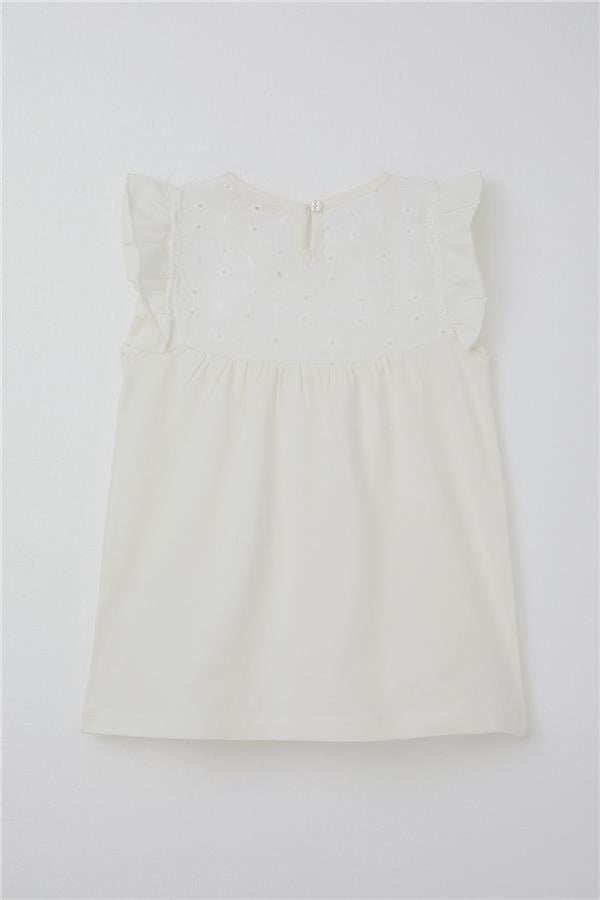 Girls' T-shirt with Ruffles and Embroidery, Off-White (Ages 4-8)