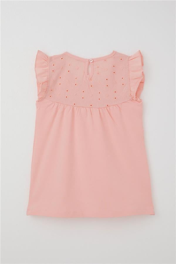 Girls' T-shirt with Ruffles and Embroidery, Salmon Pattern (Ages 4-8)