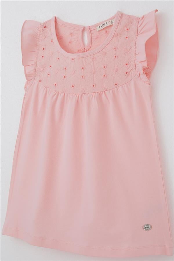 Girls' T-shirt with Ruffles and Embroidery, Pink (Ages 4-8)