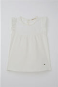 Girls' T-shirt with Ruffles and Embroidery, Off-White (Ages 4-8)