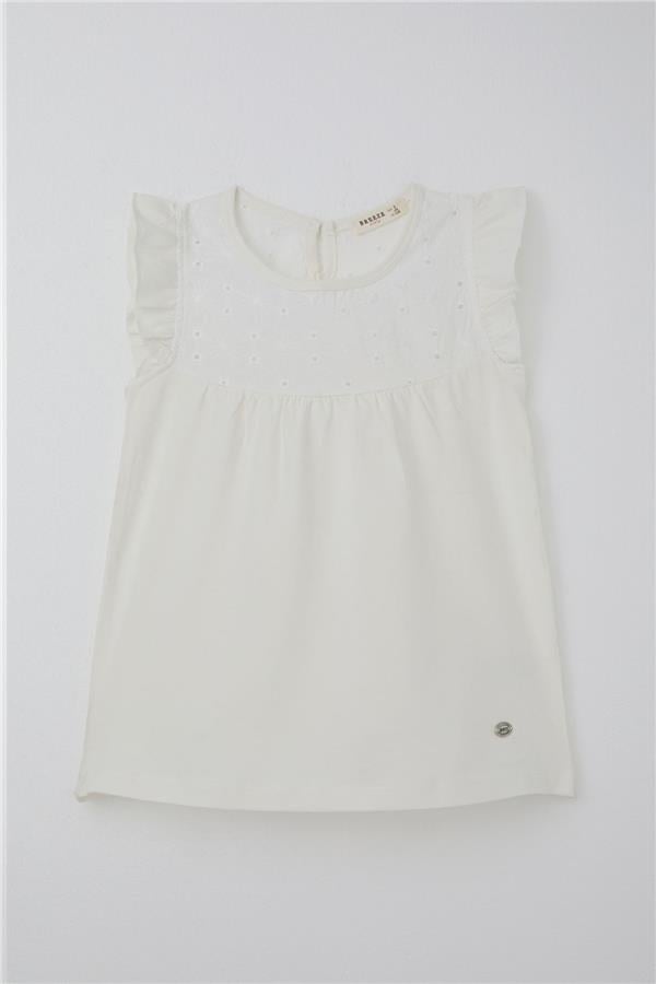 Girls' T-shirt with Ruffles and Embroidery, Off-White (Ages 4-8)