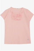 Girls' T-Shirt with Lace Trim, Salmon Pattern (Ages 4-8)