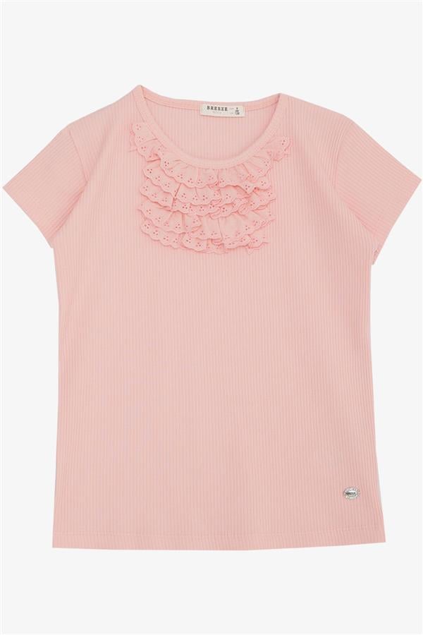 Girls' T-Shirt with Lace Trim, Salmon Pattern (Ages 4-8)
