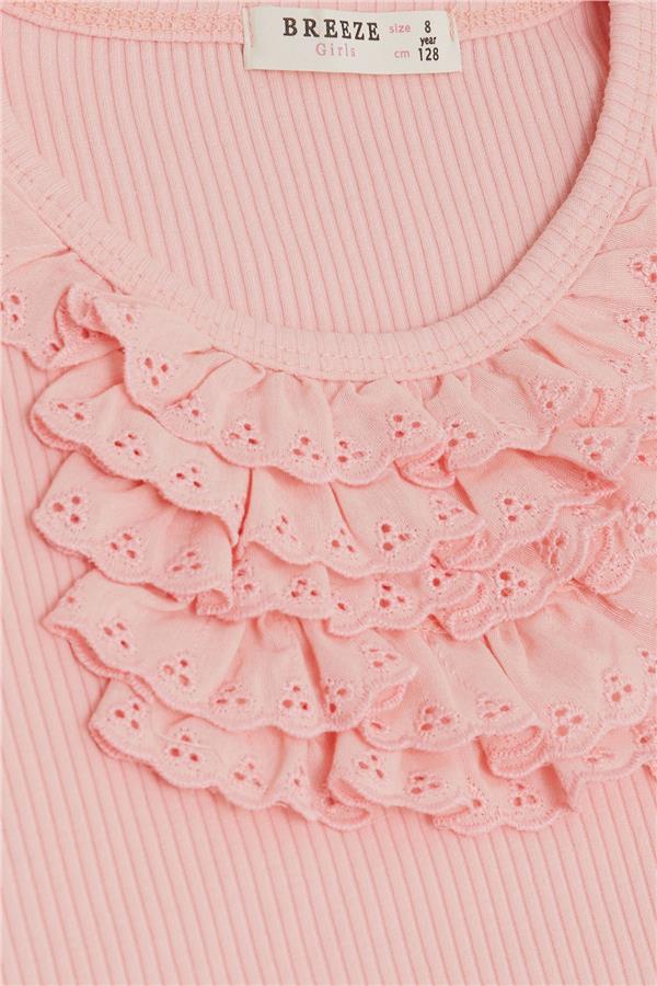 Girls' T-Shirt with Lace Trim, Salmon Pattern (Ages 4-8)