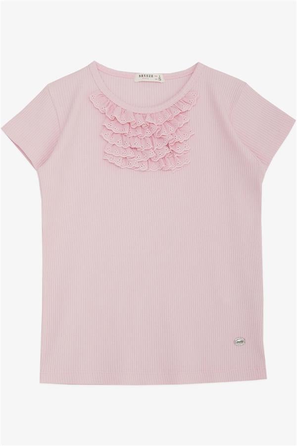 Girls' T-shirt with Lace Trim, Pink (Ages 4-8)