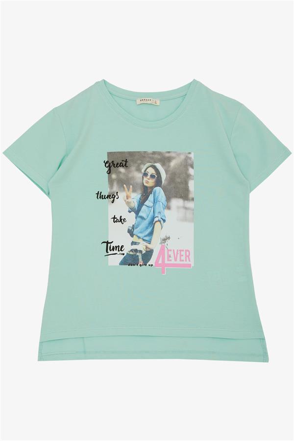 Girls' T-Shirt with Cool Girl Print, Aqua Green (Ages 8-14)