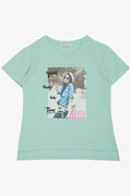 Girls' T-Shirt with Cool Girl Print, Aqua Green (Ages 8-14)