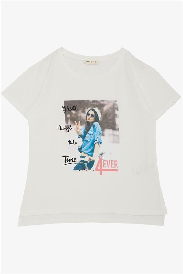 Girls' T-Shirt with Cool Girl Print, Off-White (Ages 8-14)