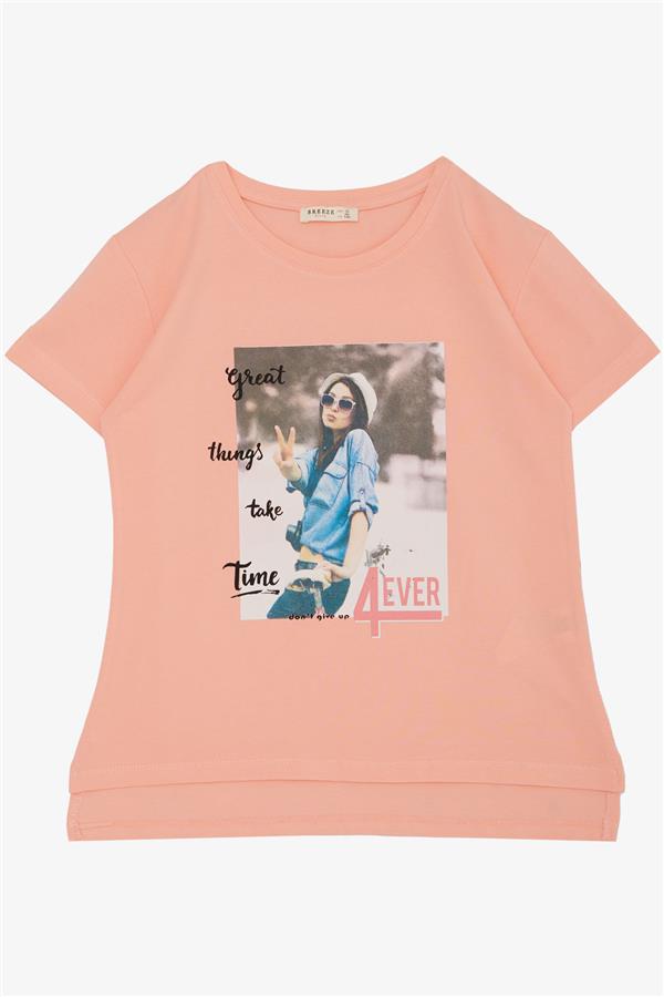 Girls' T-Shirt with Cool Girl Print, Salmon Design (Ages 8-14)