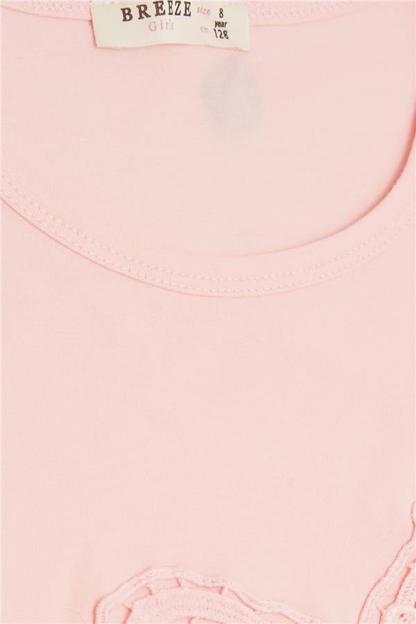 Girls' Pink T-Shirt with Heart and Flower Embroidery (Ages 4-8)