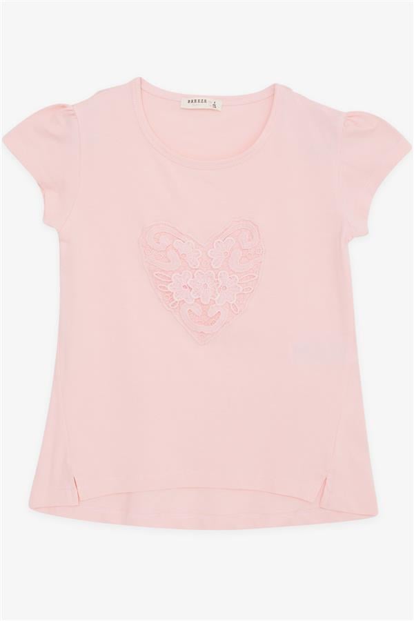Girls' Pink T-Shirt with Heart and Flower Embroidery (Ages 4-8)