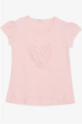 Girls' Pink T-Shirt with Heart and Flower Embroidery (Ages 4-8)