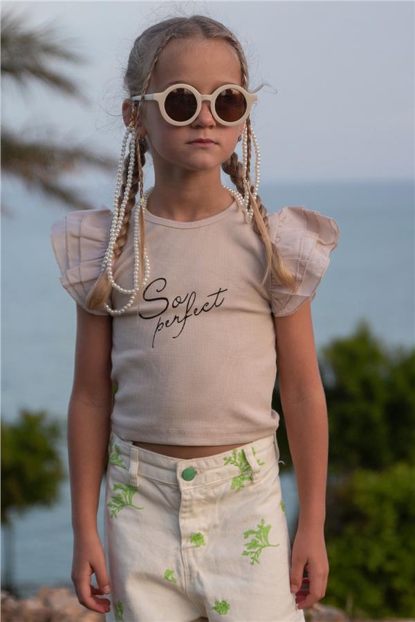 Girls' T-shirt, Belt Length, Crepe Fabric, Ruffled Sleeves, Beige (Ages 3-7)