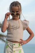 Girls' T-shirt, Belt Length, Crepe Fabric, Ruffled Sleeves, Beige (Ages 3-7)