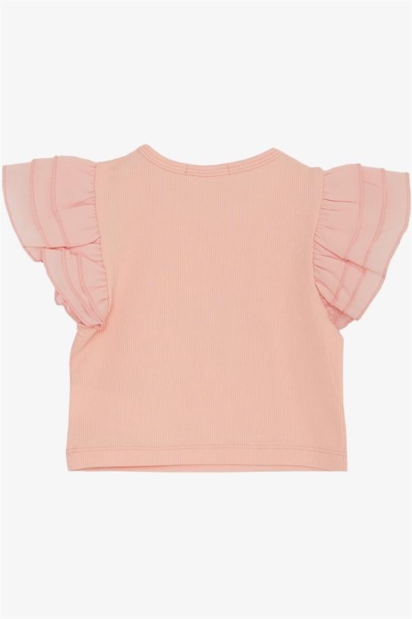 Girls' T-shirt, Belt Length, Crepe Fabric, Ruffled Sleeves, Salmon (Ages 3-7)