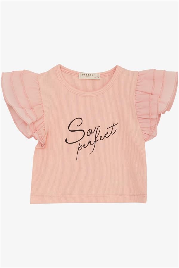 Girls' T-shirt, Belt Length, Crepe Fabric, Ruffled Sleeves, Salmon (Ages 3-7)