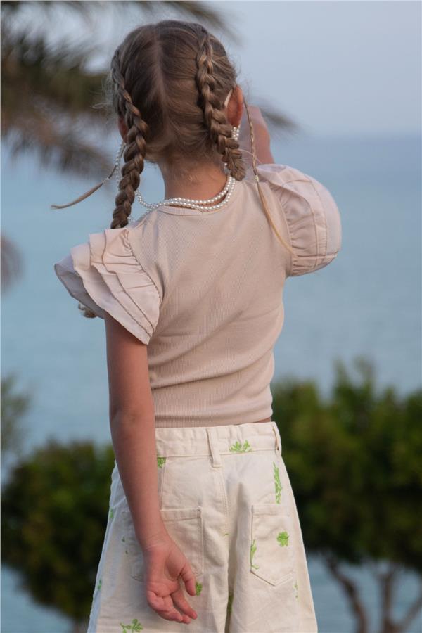 Girls' T-shirt, Belt Length, Crepe Fabric, Ruffled Sleeves, Beige (Ages 3-7)