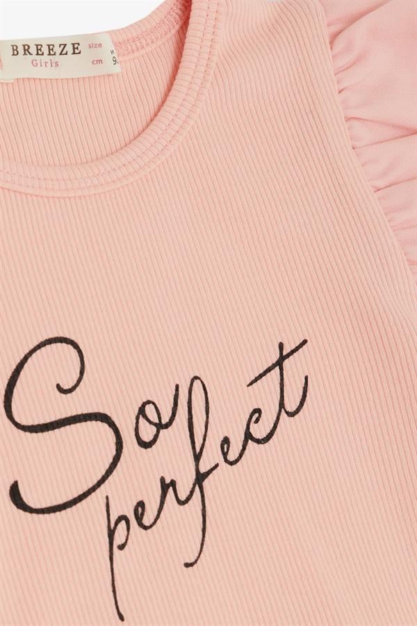 Girls' T-shirt, Belt Length, Crepe Fabric, Ruffled Sleeves, Salmon (Ages 3-7)