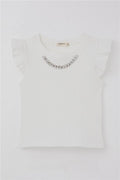 Girls' T-Shirt with Belt Collar and Chain Accessory, Ecru (Ages 9-14)