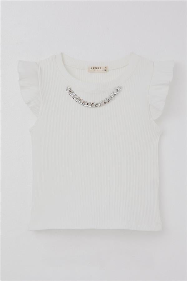 Girls' T-Shirt with Belt Collar and Chain Accessory, Ecru (Ages 9-14)