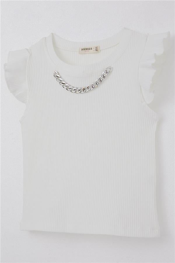 Girls' T-Shirt with Belt Collar and Chain Accessory, Ecru (Ages 9-14)