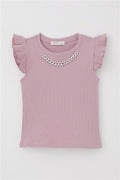 Girls' T-Shirt with Belt Collar and Chain Accessory, Rose Pink (Ages 9-14)