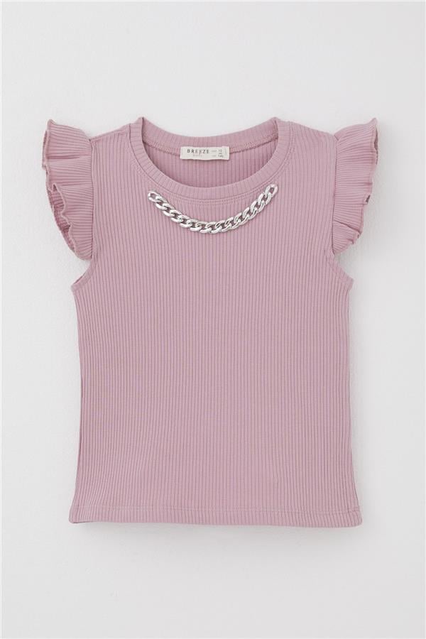 Girls' T-Shirt with Belt Collar and Chain Accessory, Rose Pink (Ages 9-14)
