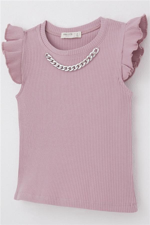 Girls' T-Shirt with Belt Collar and Chain Accessory, Rose Pink (Ages 9-14)
