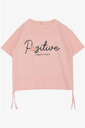 Girls' Belt-Length T-Shirt with Printed Text, Rhinestones, and Flowers, Salmon (Ages 8-14)