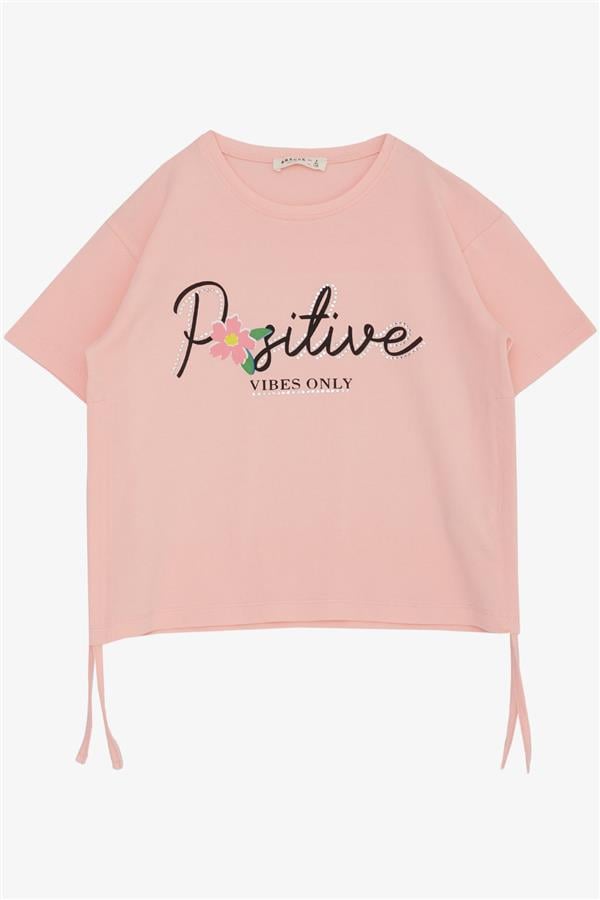 Girls' Belt-Length T-Shirt with Printed Text, Rhinestones, and Flowers, Salmon (Ages 8-14)