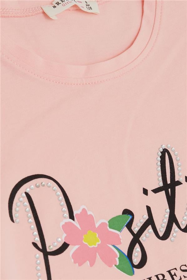 Girls' Belt-Length T-Shirt with Printed Text, Rhinestones, and Flowers, Salmon (Ages 8-14)