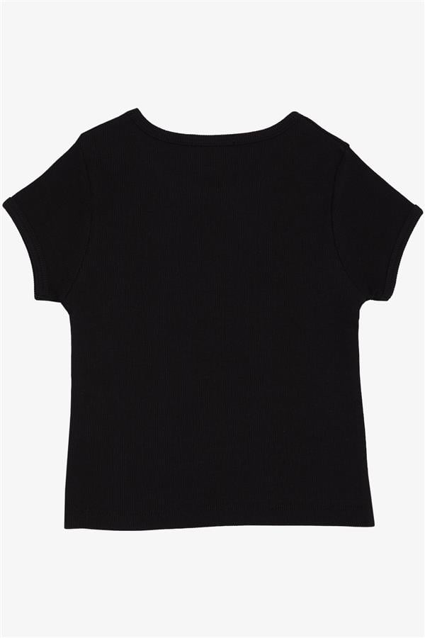 Girls' Belt T-Shirt with Printed Text, Black (Ages 8-10)