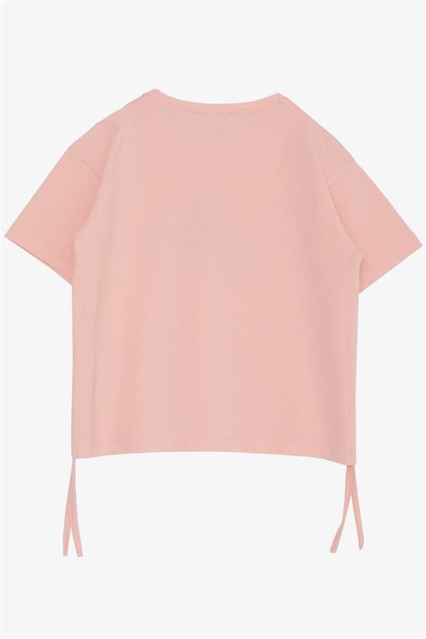 Girls' Belt-Length T-Shirt with Printed Text, Rhinestones, and Flowers, Salmon (Ages 8-14)