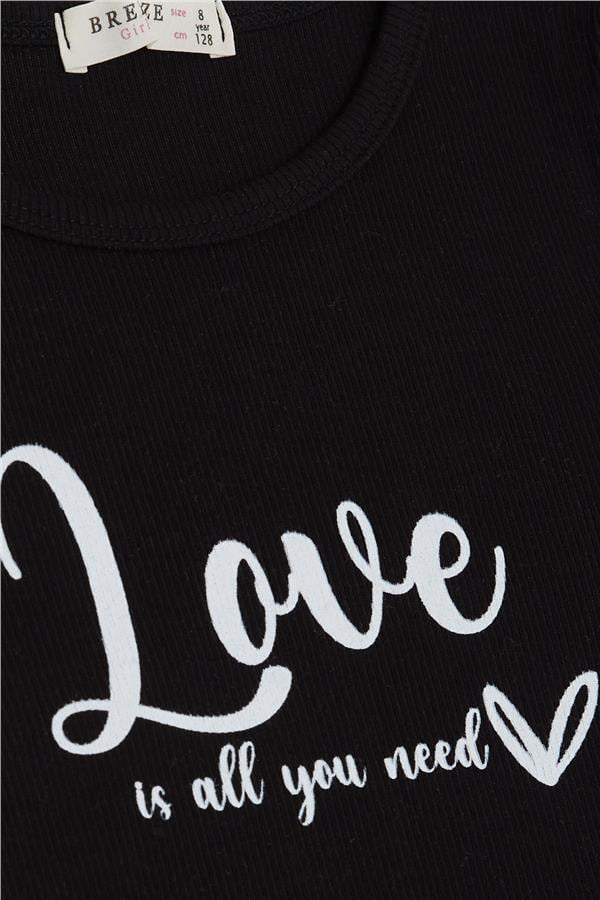 Girls' Belt T-Shirt with Printed Text, Black (Ages 8-10)