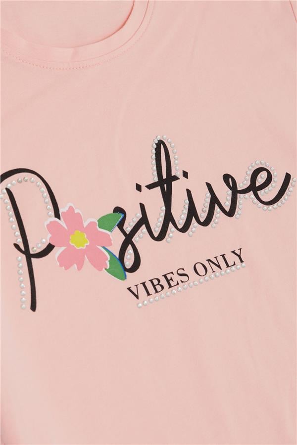 Girls' Belt-Length T-Shirt with Printed Text, Rhinestones, and Flowers, Salmon (Ages 8-14)