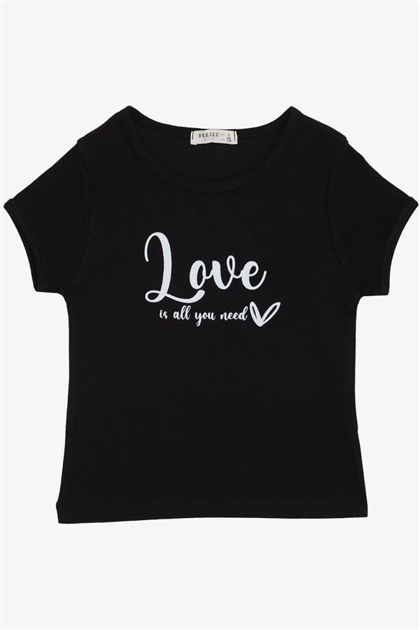 Girls' Belt T-Shirt with Printed Text, Black (Ages 8-10)