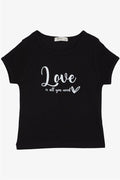 Girls' Belt T-Shirt with Printed Text, Black (Ages 8-10)