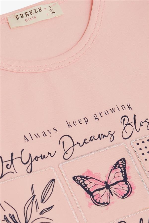 Girls' T-shirt with Lace Embroidered Sleeves and Butterfly Print, Pink (1.5-5 Years)