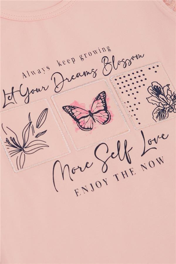 Girls' T-shirt with Lace Embroidered Sleeves and Butterfly Print, Pink (1.5-5 Years)