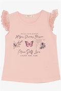 Girls' T-shirt with Lace Embroidered Sleeves and Butterfly Print, Pink (1.5-5 Years)