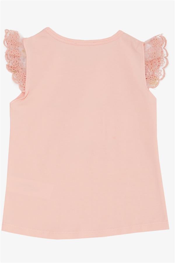 Girls' T-shirt with Lace Embroidered Sleeves and Butterfly Print, Pink (1.5-5 Years)