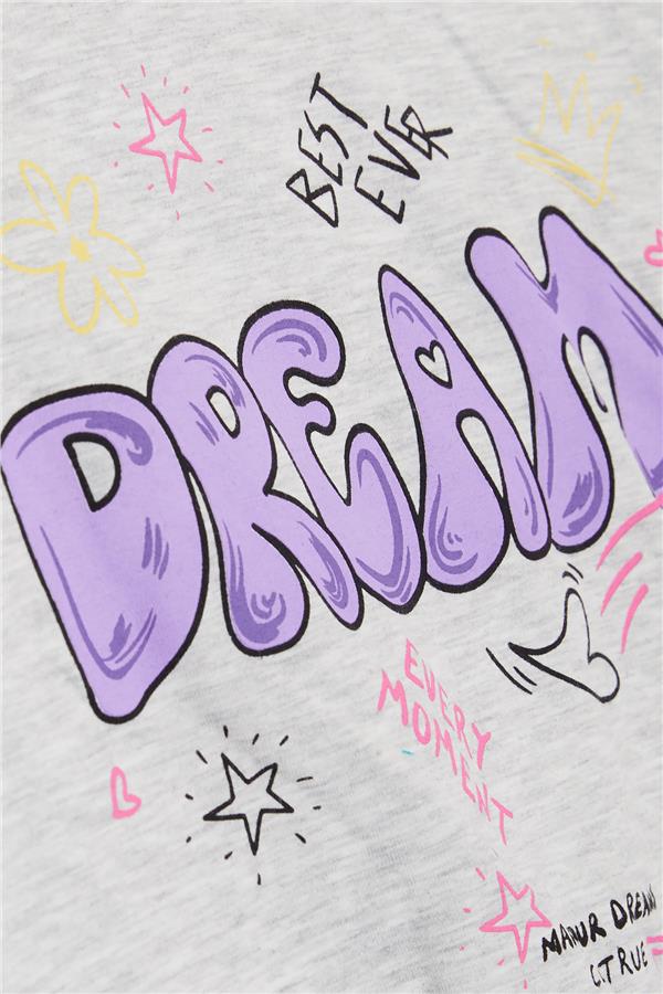 Girls' T-shirt with Colorful Text Print, Dream Theme, Light Grey Melange (Ages 5-10)