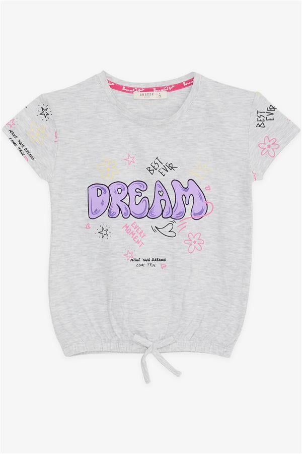 Girls' T-shirt with Colorful Text Print, Dream Theme, Light Grey Melange (Ages 5-10)