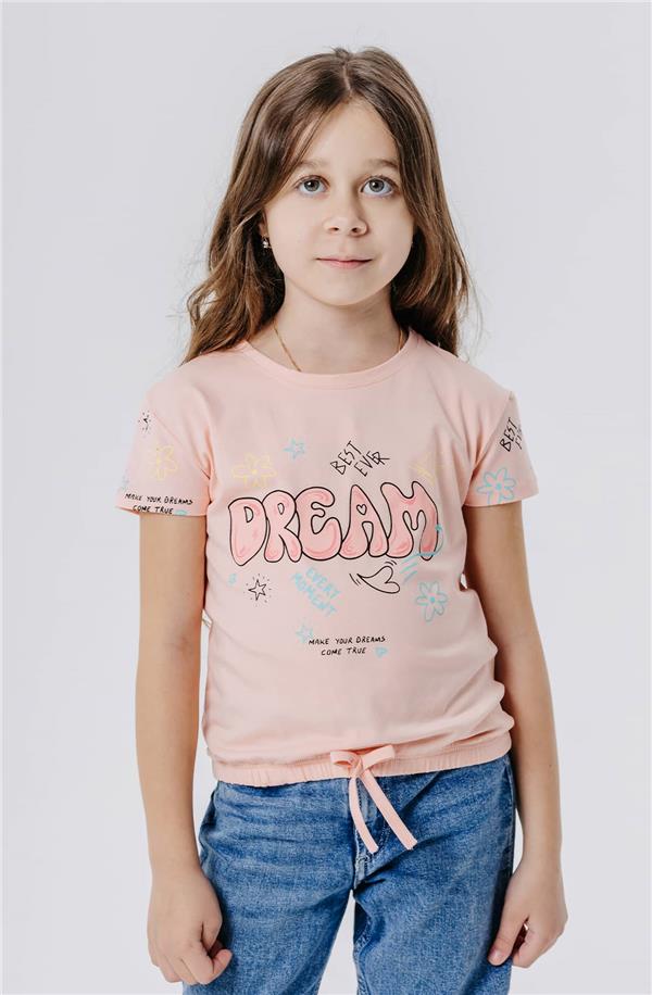 Girls' T-Shirt with Colorful Text Print, Dream Theme, Salmon (Ages 5-10)