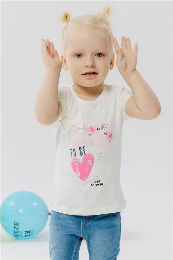 Girls' T-shirt with Cute Bird Print and Heart Design, Off-White (Ages 1-4)