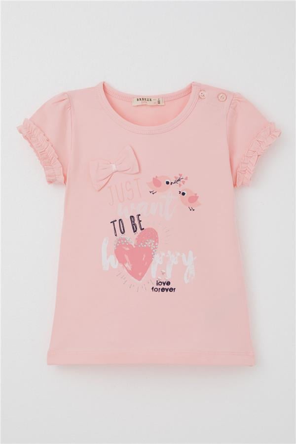 Girls' T-shirt with Cute Bird Print and Heart Design, Pink (Ages 1-4)