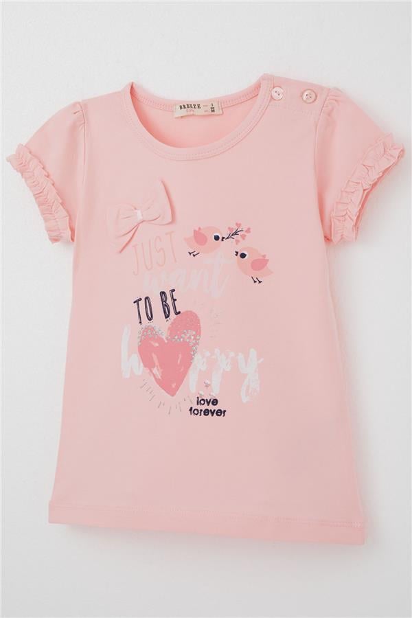 Girls' T-shirt with Cute Bird Print and Heart Design, Pink (Ages 1-4)