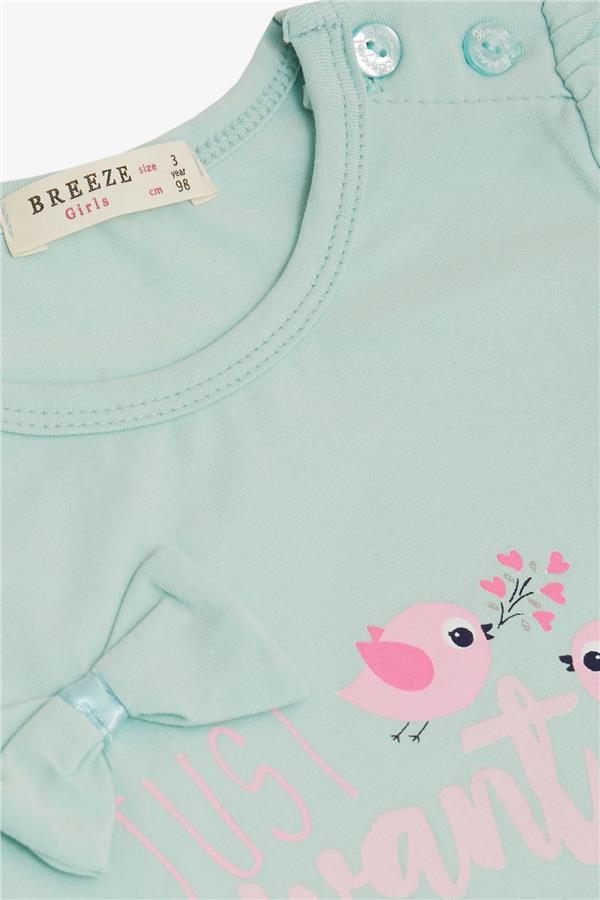 Baby Girl T-Shirt with Cute Bird Print and Heart Design, Aqua Green (1-2 Years)