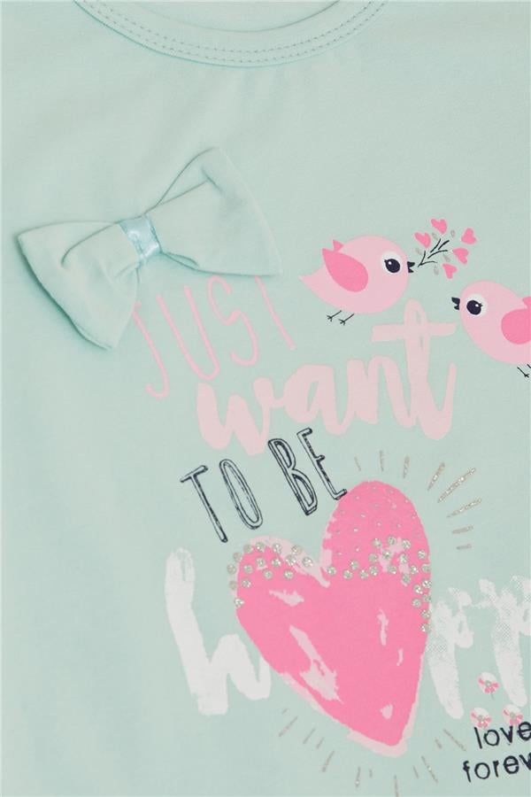 Baby Girl T-Shirt with Cute Bird Print and Heart Design, Aqua Green (1-2 Years)